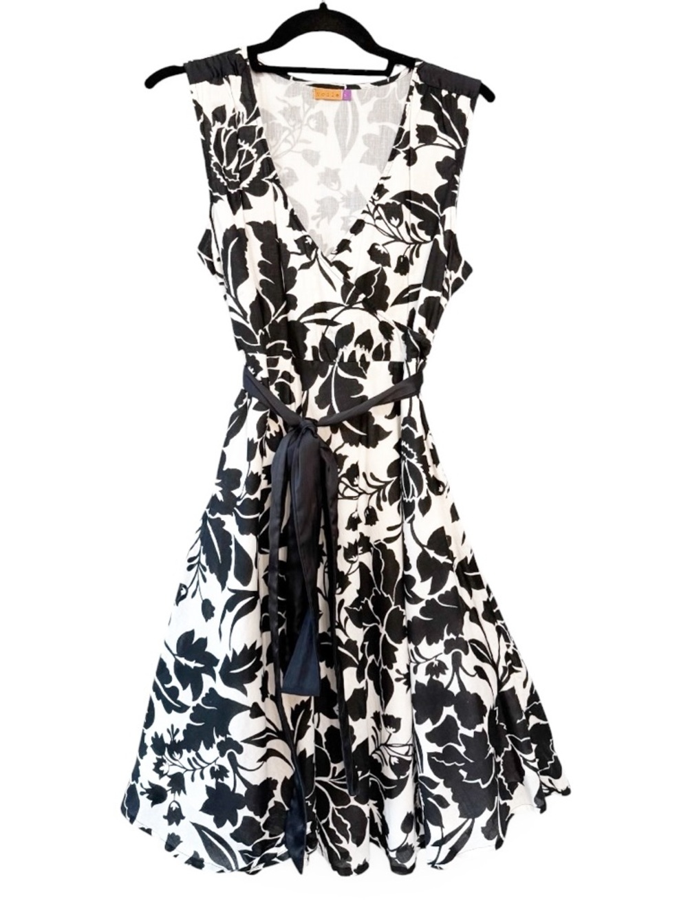 Voile Cotton Block Print V Neck Tie Waist A Line Dress Black White Size Medium
